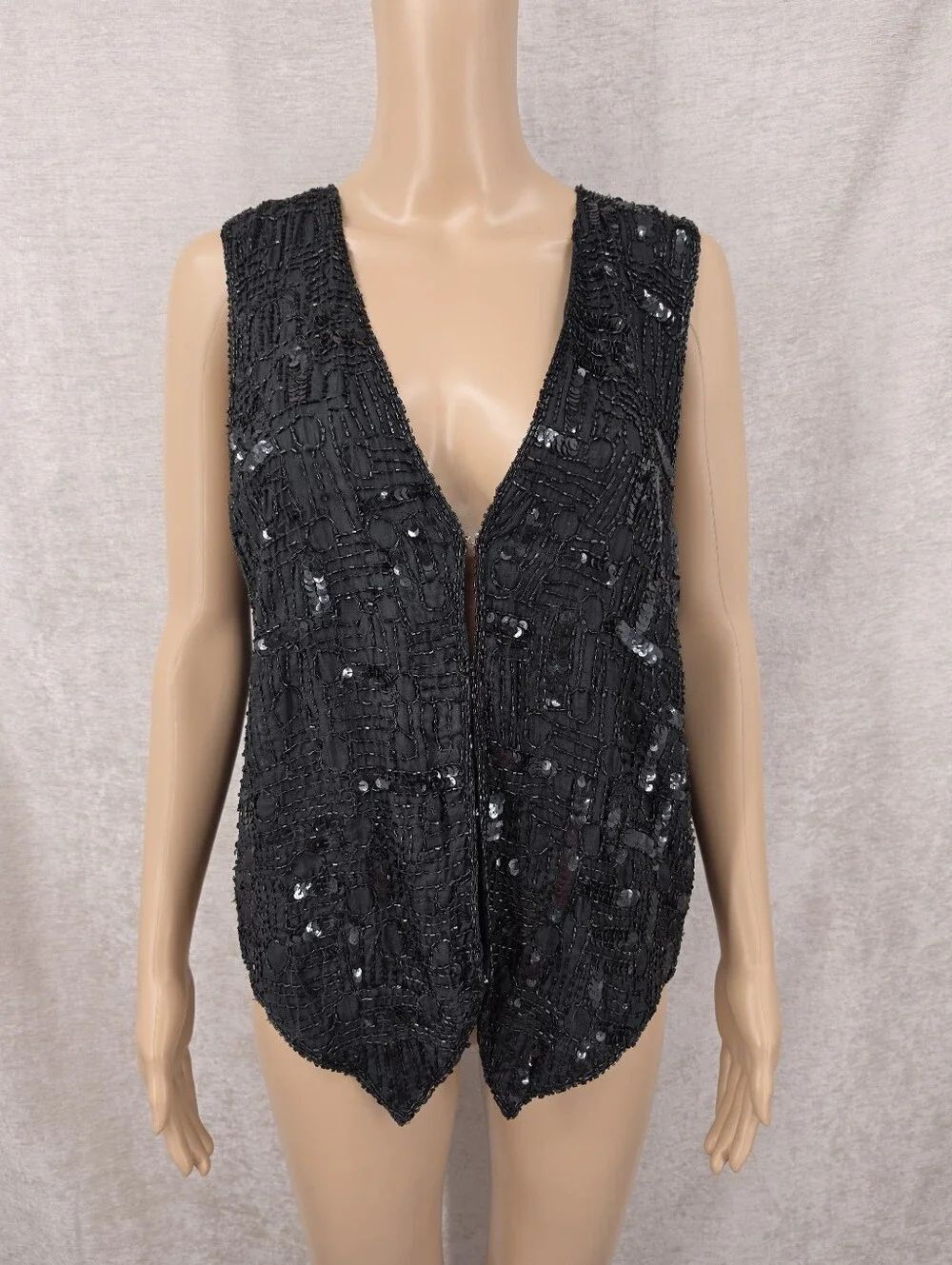 Silk Vintage Black Sequin Beaded V-Neck Vest